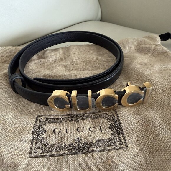 NEW Gucci Buckle Thin Leather Belt Women\'s Black 70 cm 100% Authentic main image 6
